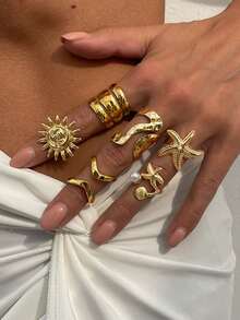 6 件套海洋主题时尚向日葵、海星、珍珠戒指套装 - 不对称指节戒指，轻盈奢华优雅，适合女士日常、派对、度假佩戴，是完美的礼物 - 金色 - 查看 2