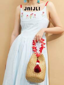 JNIJLI 1 件波西米亚风度假流苏手工草编水桶包、手提包、法式复古编织钱包，通勤、时尚商务休闲、旅行、海滩婚礼、野餐、度假、海滩等各种场合皆宜，是送给女性、母亲、教师、朋友、伴娘的最佳礼物，配有流苏吊饰