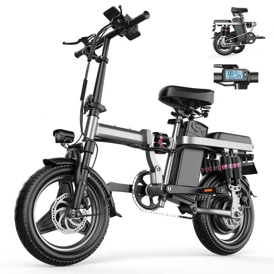 Folding Electric Bike For Adults, 48V 10/13/15AH Removable Battery, 20-25 MPH, 25-30 Miles Range, 14" Mini Ebike With Shock Absorption, Electric Bicycle For Men & Women, Commuting & Outdoo - 美規A型插(110-127V) - 查看 1