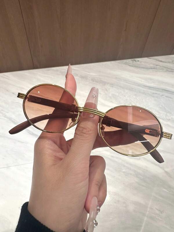 1 pieza Gafas de moda de mujer ovaladas vintage con imitación de veta de madera, aptas para viajar, pescar, ciclismo y uso diario