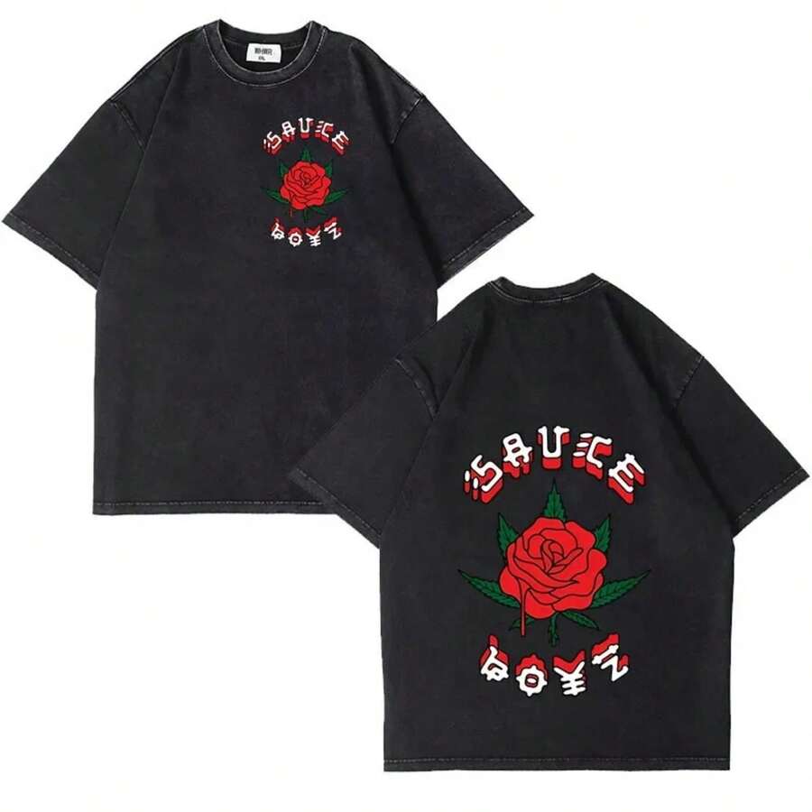 Eladio Carrion Sauce Boyz Music Album T Shirt Vintage Washed Oversized And Muscles T Shirts 100% Cotton - 黑色 - 查看 1