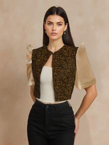 Amyenjoylife Modern Filipiniana Women's Spring/Summer Floral Puff Sleeve Top - Brown - View 3