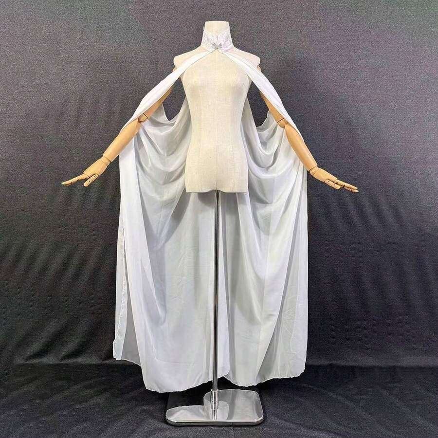 1 件长款白色雪纺宽松露背轻质新娘披肩，适合婚礼、摄影工作室、户外角色扮演新娘装 - 彩色 - 查看 1