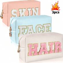3PCS Set Waterproof Cute Women Teen Girls Preppy FACE HAIR SKIN Chenille Letter Patches Makeup Bag Travel Cosmetic Pouch Skincare Face Cosmetic Bag Toiletry Bag Hair Products Stuff Pouch Makeup Travel Toiletry Organizer Essentials Gifts Storage Zipper Accessories Nail Bags, Makeup Bag, Vanity, Make Up Bag, Storage, Makeup Bags, Toiletry Bag , Ladies' Travel Grooming Bag, Chenille Letter Cosmetic Bag, PU Leather Waterproof Bag, Cute Zipper Storage Bag, Suitable For Skin, Hair And Facial Care Bags, Travel Storage Overnight Bag, Large Capacity Convenient Business Travel Bag Bathroom Bathing Beauty And Health Convenient Small Fragrance Makeup Bag. Unique Travel Makeup Bag, Cosmetics Storage Bag, Compartment With Removable Makeup Brush, Internal Double-Sided Transparent Storage Compartment, Portable Toilet Bag, Large Capacity Storage, Multi-Functional Beauty Storage Bag, Bathroom Toilet Bag, - 彩色 - 查看 21