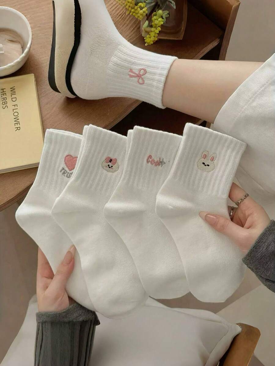 4 Pairs Random White Cartoon Bow, Heart & Letter Pattern Mid-Calf Socks - Multicolor - View 1