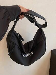 1 stuk gewatteerde, effen canvas tas met ritssluiting in de vorm van een halve maan, nieuwe collectie grote canvas tas met knoedels, minimalistische schoudertas met geborduurde letters, geschikt voor studenten, campus, reizen, woon-werkverkeer, casual, koppels, tarwedecoratie, ideaal voor dagelijks gebruik - Zwart - Bekijken 8