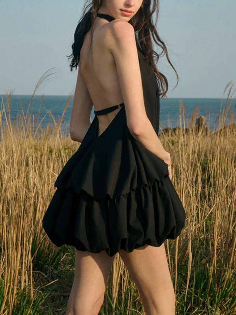 1 buc. Rochie scurtă de damă, casual, culoare solidă, țesătură boemă, cu volane, cu cravată, decupată, pentru purtare de zi cu zi, primăvară/vară - Negru - Vizualizare 1