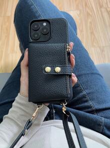 1pc Shoulder Strap Zipper Card Holder Phone Case, Solid Color Series Faux Leather, Women Large Capacity Wallet, Coin Pouch, Protective Case Compatible With IPhone 16/15/14Pro/13/12/11Pro Max, Anti-Drop & Wear-Resistant