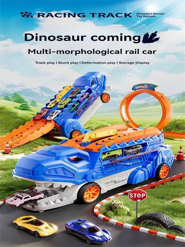 Voiture jouet de cascades de dinosaure pour enfants - Une voiture en alliage de Tyrannosaure Rex transformable avec des pistes de rangement, des modes glissants et de démarrage, convenant aux garçons et aux filles en tant que voiture jouet multifonctionnelle, cadeau interactif amusant parent-enfant