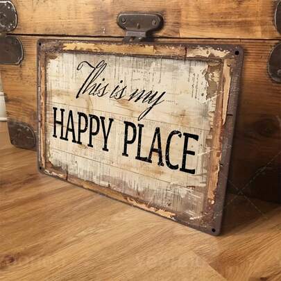1pc Rustic "This Is My Happy Place" Metal Wall Sign - 30x20cm Inspirational Home Decor Plaque, Suitable For Living Room, Vintage Distressed Finish, Perfect For Cozy Spaces, Wall Art | Nostalgic Charm | Wall Hanging Decor, Vintage Home Decor, Random Hole Style