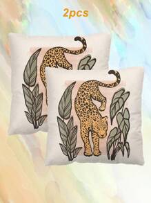 2pcs Animal Leopard & Tiger Style Forest Pattern Decorative Throw Pillow Covers, Alphabet Print Square Pillow Cases Without Filling, Cute Cushion Covers, For Sofa, Living Room