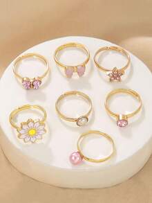 7 Pieces Teen Crown Daisy Bow Five Pointed Star Butterfly Gold Opening Gold Rings Jewelry Cheap Adjustable Rings