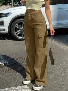 Casual Solid Color Straight Leg Cargo Pants - Khaki - View 1