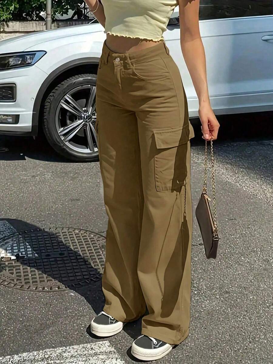 Casual Solid Color Straight Leg Cargo Pants - Khaki - View 1