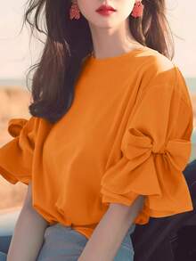 ZANZEA Fashion Women Bow Ruffle Short Sleeve Summer Tops Casual Holiday Party Blouse T Shirt - trái cam - Xem 1