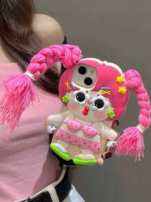 卡通搞笑鼻涕虫女孩马尾辫 DIY 手机壳，兼容 17/16/15 Pro Max，个性化可爱保护套，兼容 14 新款、13、12、11、15 PM，硅胶防摔 - 彩色 - 查看 3