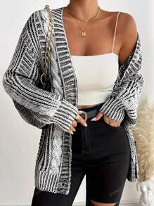 Mature & Elegant European Style Fashion Colorblock Loose Fit Plus Size Women Cardigan, Versatile Long Sleeve Knit Sweater