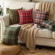 1pc Plaid Cushion Cover, Vintage Classic Decorative Pillow Sham, Scottish Style Throw Pillow Cover For Sofa, Zipper Removable Cover Only, No Insert - Harvest Red Grid - View 7