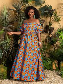 Faeriesty TribalChic 大码露肩花卉印花连衣裙 - 短袖夏季长裙，适合海滩度假、周末出游、日常穿着、野餐日和休闲聚会