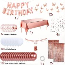 14-Piece Rose Gold Birthday Decor Kit: Includes "Happy Birthday" Banner, Tinsel Curtain Backdrop, 3D Butterflies, Rose Gold Heart Foil Balloons, Star Foil Balloons – Perfect For Women's Birthday Parties, Bridal Showers & Bachelorette Decorations