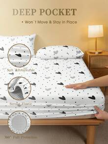 2/3pcs White & Black Heart Pattern Bedding Set (Excluding Filler), Bedroom Use, Made Of Microfiber, Breathable & Comfortable, Includes 1pc Mattress Cover And 1/2pcs Pillow Case, Available In Sizes: Super King, King, Queen, Twin, Suitable For Dorm, Back To School Season, Deep Pocket Design Up To 11.8 Inches, Breathable & Wrinkle-Resistant, Improve Sleep Quality, Machine Washable - White - View 6