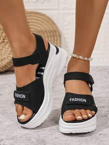 2025 Summer New Fashion Athletic Style Rhinestone Hook And Loop Open Toe Wedge Heel Sandals For Women - Black - View 3