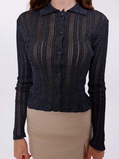 Solid Color Elegant Casual Button Front See-Through Daily Wear
