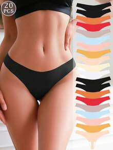 20pcs Of Women's Multi-Color Simple Comfortable Breathable Four Seasons Can Wear Seamless Low Waist Sexy Thong Bikini - Nhiều màu - Xem 1
