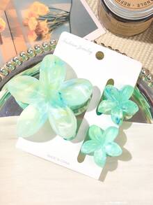 3 件套春夏波西米亚风格渐变绿色大理石图案装饰花发夹，适合海滩度假发夹爪夹发夹发夹发夹，休闲秋冬发饰，适合女士度假装扮 - 大理石碧綠 - 查看 3