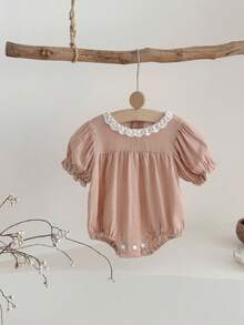 Baby Girls' Sweet Lace Trim Ruffled Short Sleeve Bodysuit, Summer - Dusty Pink - View 2