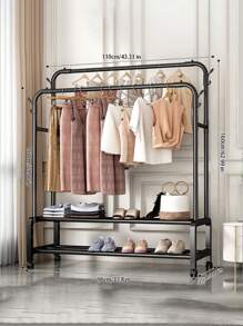 1PC Freestanding Hanger Double Pole Multi-Functional Bedroom Clothing Rack,Metal Clothes Hanger Organizer And Black Clothes Stand With Wheels