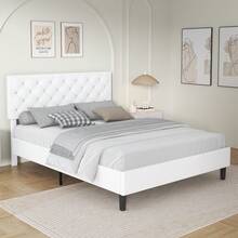 Bed Frame, Upholstered Bed Frame With Button Tufted Headboard, PU Leather Bed Frame With Adjustable Headboard, No Box Spring Needed, Easy Assembly, White/ Black/ Pink/ Blue/ Green, Twin/ Full/ Queen * Bed Frame Queen Queen Bed Frame Bed Frame Full Full Size Bed Frame King Size Bed Frame Twin Bed Frame Room Decor Home Decor Christmas Decor Bedroom Decor Valentine Day Decor Storage Living Room Decor Furniture House Decor - 白色 - 查看 7