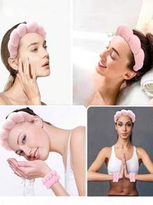 1 pièce/2 pièces/3 pièces Set de bandeaux de spa en forme de nuage, bandeaux et serre-poignets en éponge torsadée douce pour le yoga, les soins de la peau et le maquillage. Bandeaux de lavage du visage de couleur unie pour femmes. Set de bandeaux et serre-poignets de douche pour le maquillage et le lavage du visage. Accessoires pour la tête et les cheveux pour la rentrée scolaire