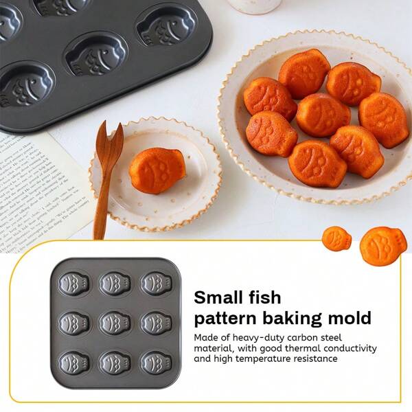 1pc 9-Cavity Fish-Shaped Nonstick Baking Pan, Mini Cake/Muffin/Madeleine Bakeware Cooking Tool
