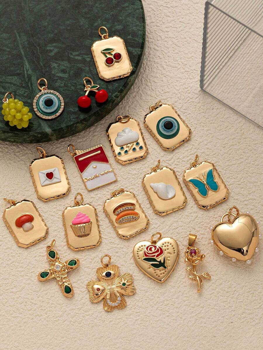 Cute Food Necklace Pendant, Food Rose Cherry Love Weather Cross Butterfly Cake Bread Pattern Rectangular Shape Pendant - Gold - View 1