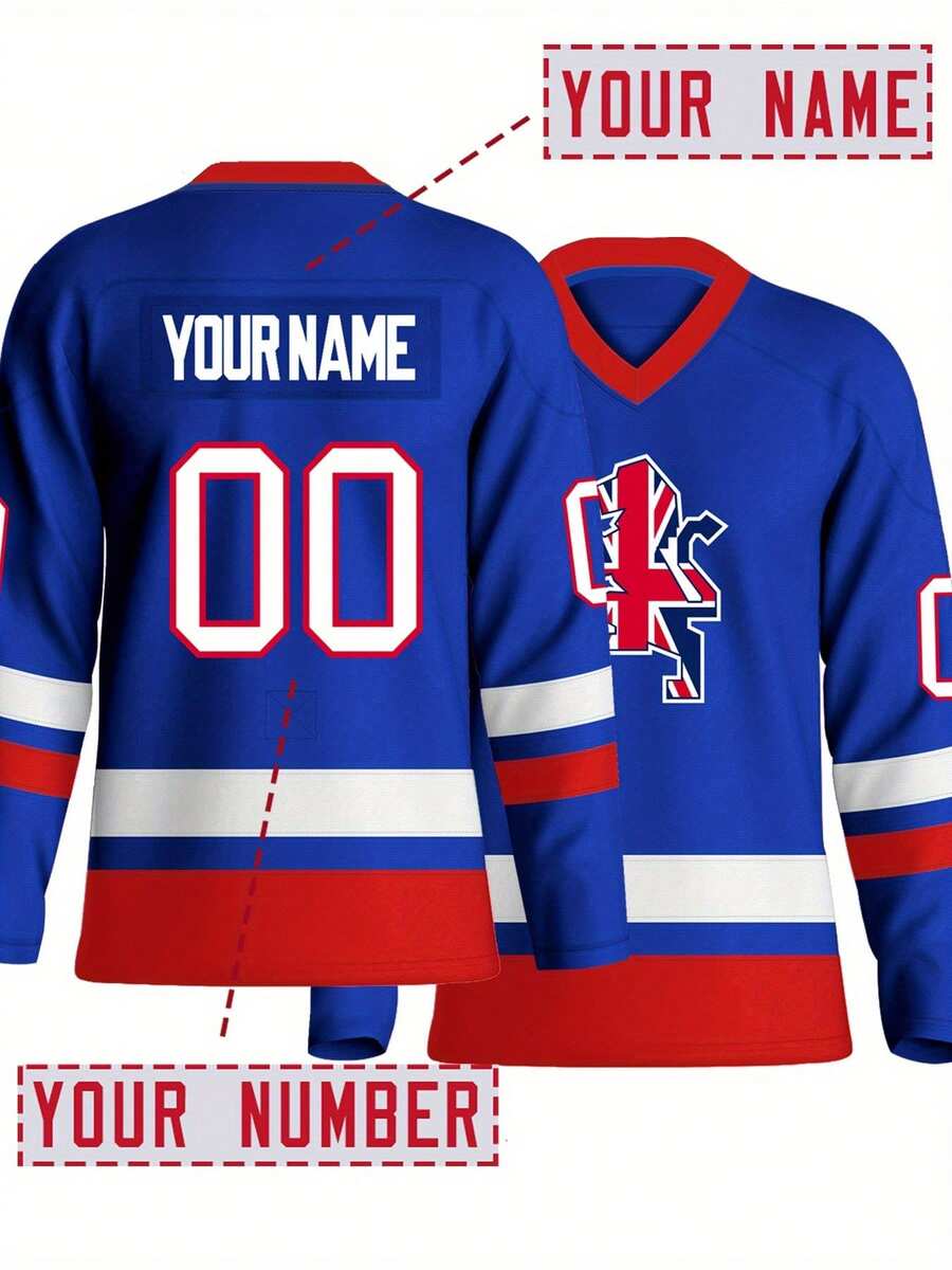 Customizable Name And Number Men's Ice Hockey Sports Shirt England Blue Embroidered Casual Outdoor Sports Long Sleeves Ice Hockey Jersey Custom Size S-XXL - Blue - View 1