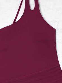 Bộ đồ bơi Tankini Cross-Border 2 mảnh mới, váy co giãn cao một bên vai, dây đeo có thể điều chỉnh, váy ngắn kiểm soát bụng - Màu Đỏ Sâu - Xem 6