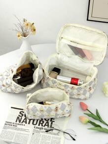 1 pezzo Borsa trucco casual carina a quadri beige, grande capacità, con cerniera, portatile, per il viaggio, per la conservazione di articoli di cancelleria, elementi essenziali per le vacanze, cosmetici, chiavi, cuscinetti, auricolari, telefoni cellulari, caricabatterie, rossetti, cosmetici, profumi, prodotti per la cura della pelle e della bellezza, per la conservazione in bagno a casa, adatta per mamme, donne, infermiere, studenti, ragazze, regali per le vacanze e il ritorno a scuola