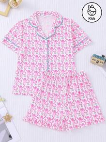 2 piezas Conjunto de pijama para niñas con estampado de mono de dibujos animados, ropa de estar por casa linda de verano para niñas pequeñas y niñas