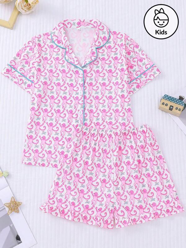 2pcs Kids Girls Cartoon Monkey Print Pajama Sets, Cute Summer Homewear For Toddlers & Girls