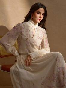 1 套优雅浪漫花卉纽扣装饰长袖衬衫和松紧腰花裙 2 件套女士