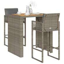 vidaXL Set Bar da Giardino 3 pz con Cuscini Grigio Polyrattan Acacia - Grigio - Visualizzare 1