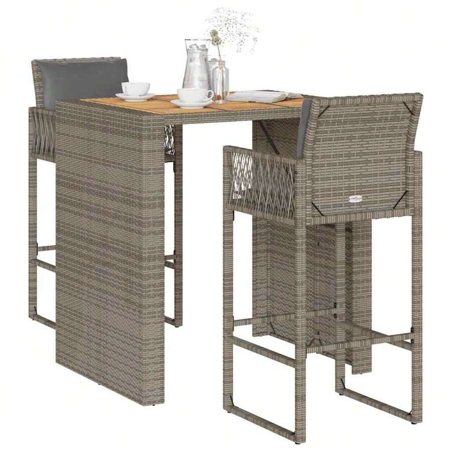 vidaXL Set Bar da Giardino 3 pz con Cuscini Grigio Polyrattan Acacia - Grigio - Visualizzare 1