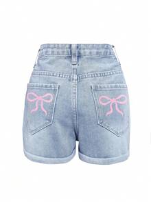 Teen Girls Straight Casual Fashionable Ripped Denim Shorts, Slim Fit - Light Wash - View 1