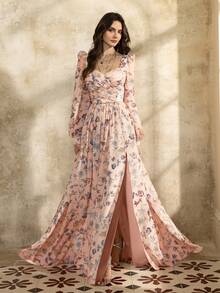 Faeriesty 印花优雅花卉印花长裙，修身紧身胸衣和甜心领口 - 主教袖和深 V 形背部细节，适合花园派对、户外婚礼和春季庆典 - 珊瑚粉 - 查看 5