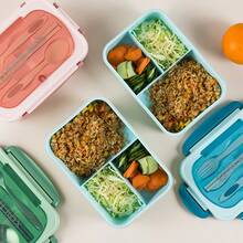 Lunch Box With Utensils, Leak-Proof, Square Shape - Safe To Use In Microwave, Perfect For Office Workers And Kitchen Storage - Hồng - Xem 4