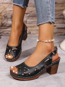 1 双时尚露趾粗跟带扣后带轻便女士凉鞋 - 黑色 - 查看 2