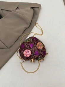 花卉亮片拼接不对称手提包，爱心造型手拿包，优雅五金装饰，适合晚宴、婚礼、度假等场合，可斜挎，链条设计，可装口红和零钱包，情人节礼物，紫色，亮片 - 紫色 - 查看 10
