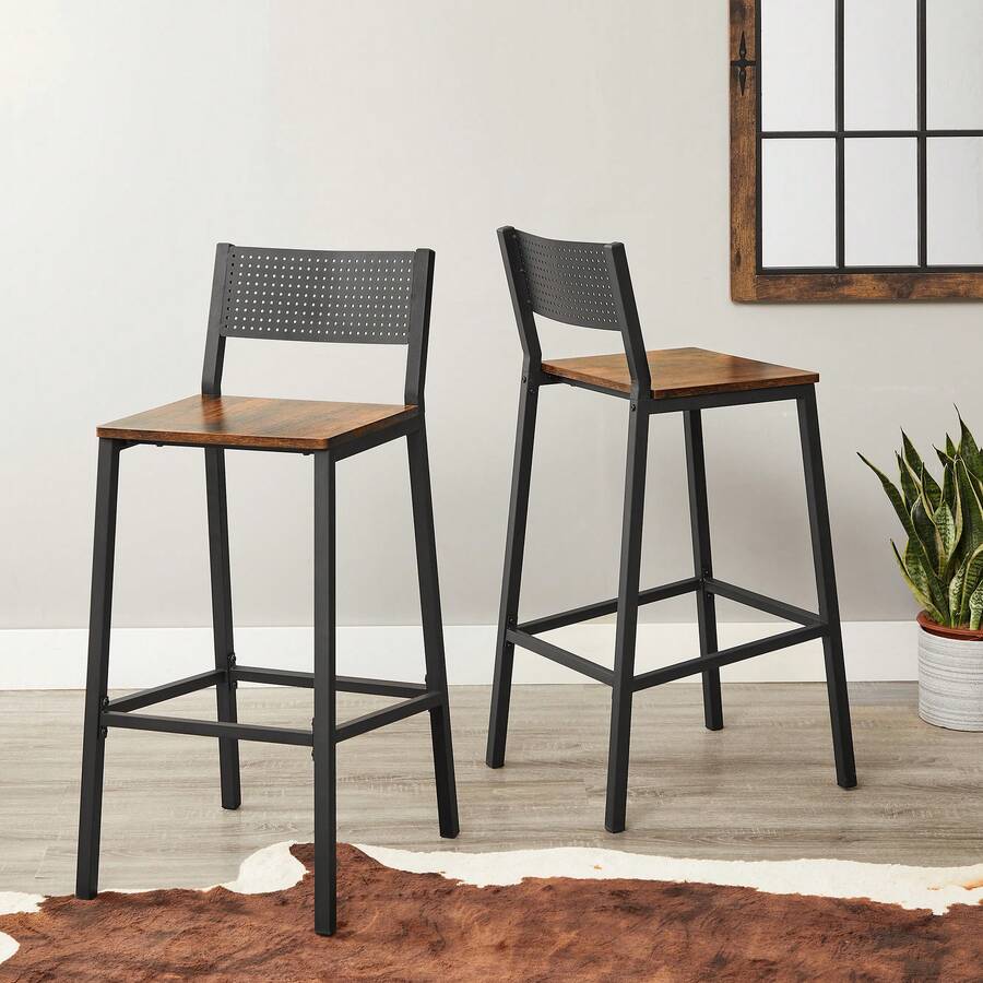 Taburete de Bar, Juego de 2, Taburetes Altos de Cocina, para Cocina, Comedor, Oficina, Estilo Industrial, Marrón Rústico y Negro - Marrón - Ver 1