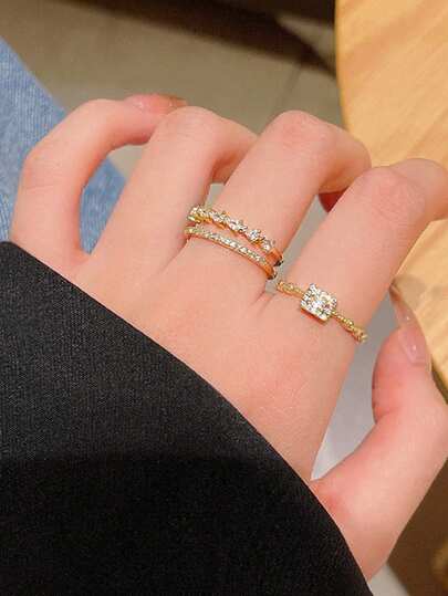 Set de 2 anillos de moda con apertura de doble capa y rhinestones retro, adecuado para uso diario, regalo para novia o madre